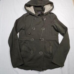 JJ Basics Double Breasted‎ Fleece Lined Hoodie Jacket Dark Olive Green Size S